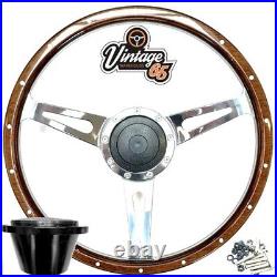Classic Car Steering Wheel & Boss Kit 15 Riveted Wood Rim Semi Dished