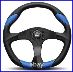 Genuine Momo Quark 350mm steering wheel. Black polyurethane with BLUE leather