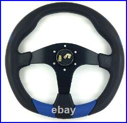 Genuine Momo Quark 350mm steering wheel. Black polyurethane with BLUE leather